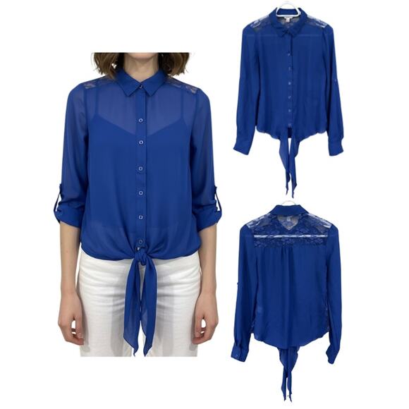 Candie's Tops - Candie’s Sheer Lace Blouse Womens Medium Blue Button Up Sheer Top